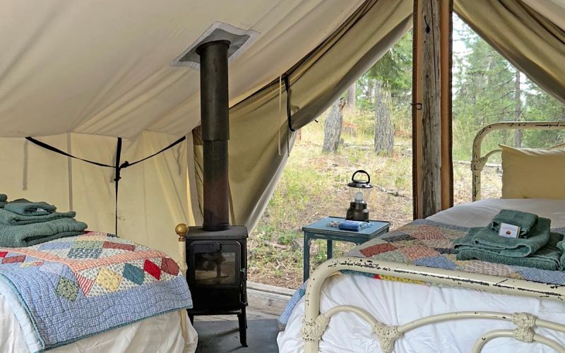 Wood stove keeps wall tent cozy at night