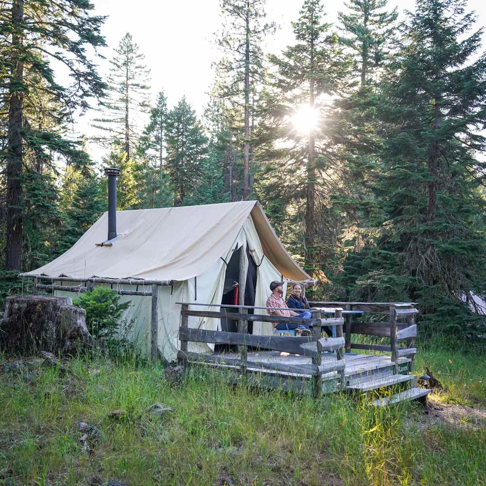 Southern Oregon farm stay tent cabin at sunset